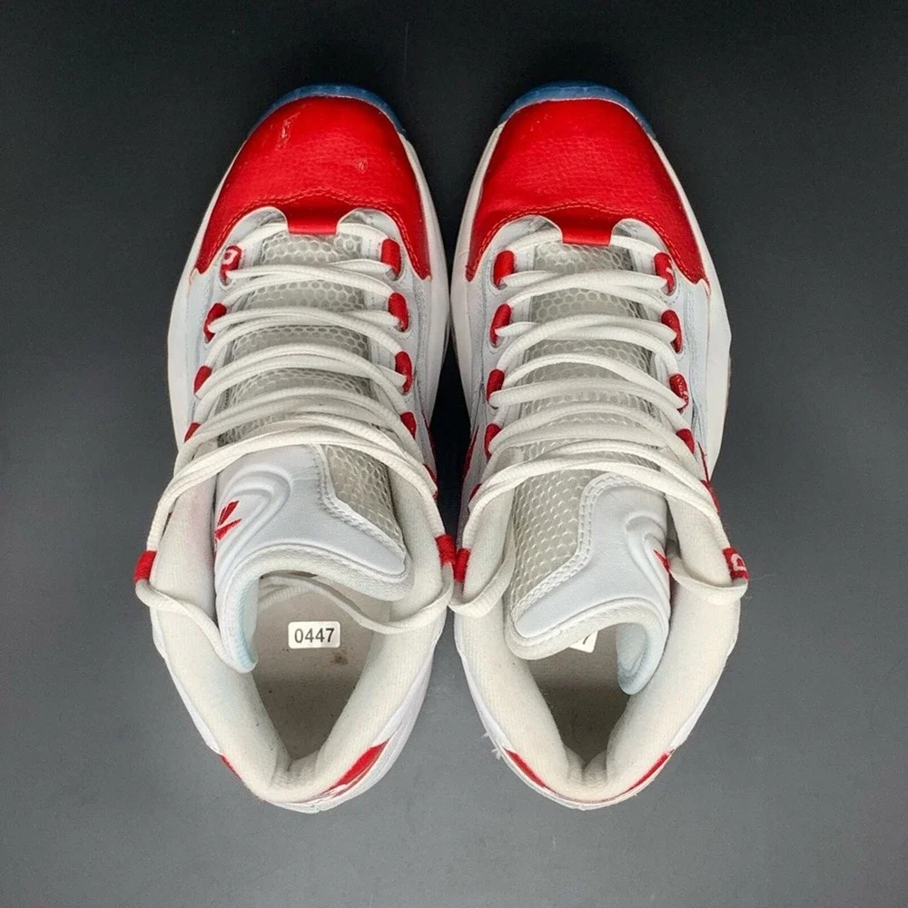 Reebok Question Mid White Red Basketball Shoes J98948 Men's Sz‎ 7 Women's Sz 8.5